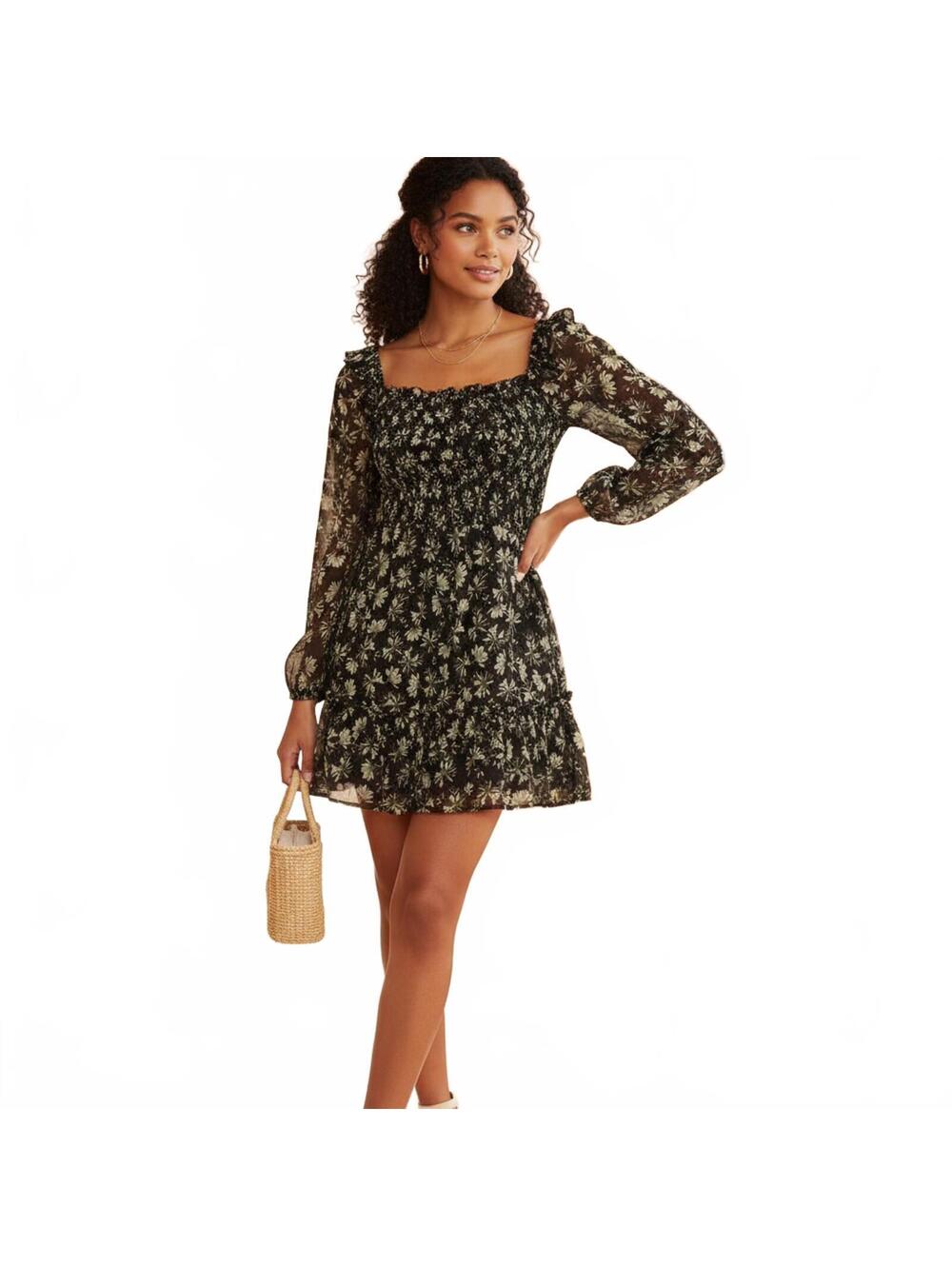 Trixxi Black Floral Long Sleeve Mini Dress, Size M